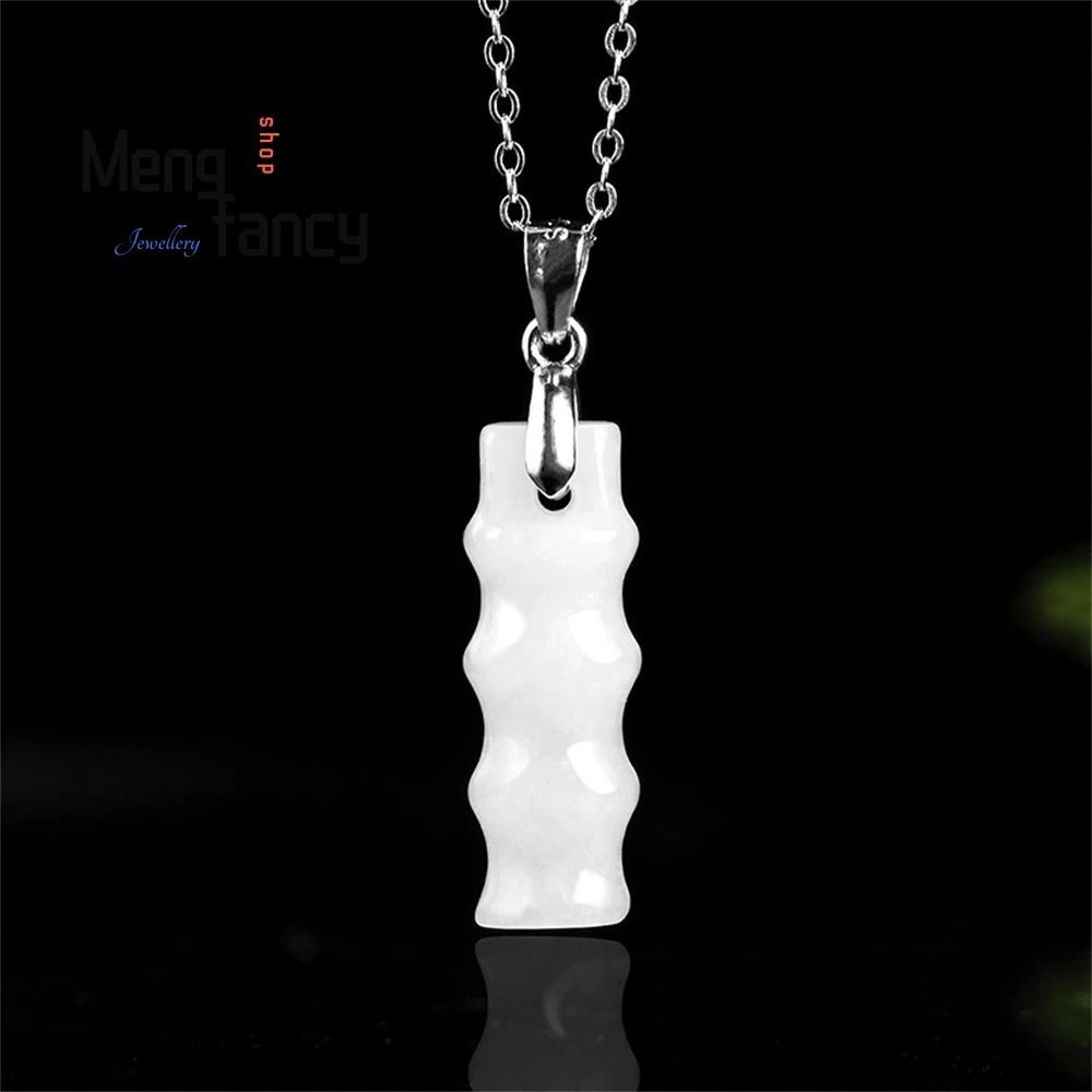 

Natural Myanmar A-Grade Jade Bamboo Pendant, Rising Steadily S925 Silver Inlaid Jade Bamboo Joint Men's Pendant, Women's Style