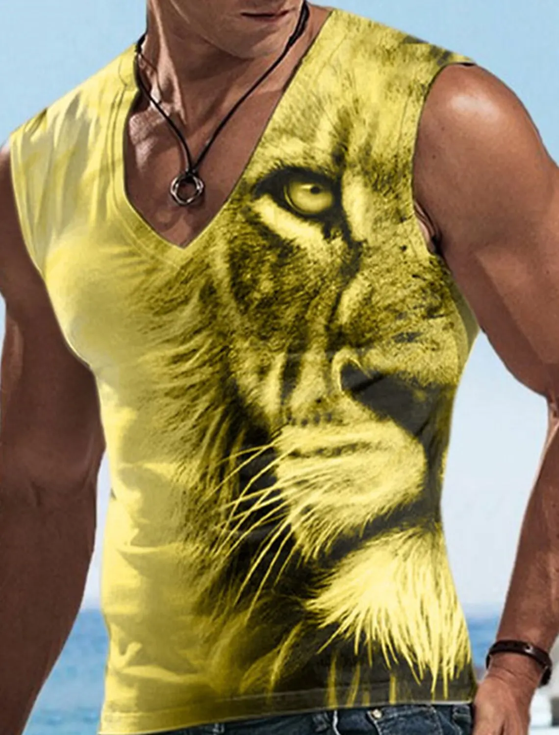 Fashion Design Sleeveless Print Summer Men\'s Lion Pattern Sleeveless Print V Neck Breathable Bottom Shirt Fitness Tank Top