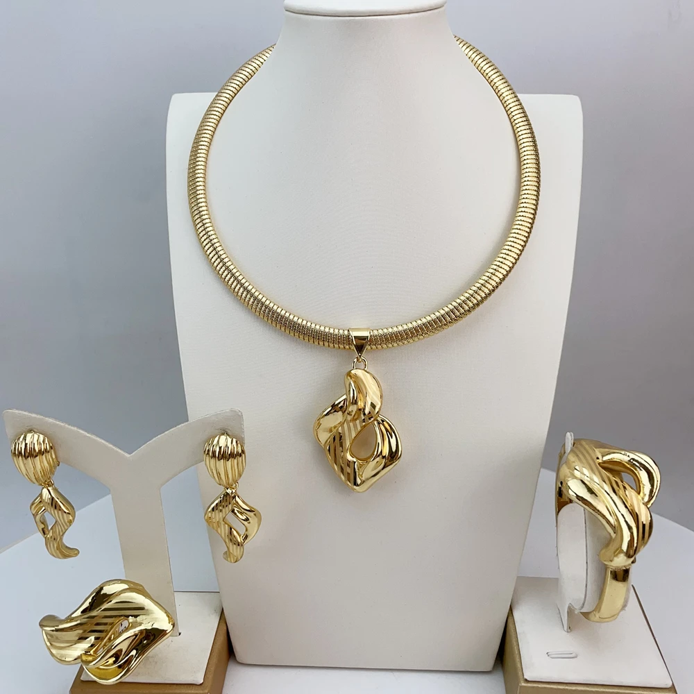 EMMA المرأة الأفريقية قلادة أقراط سوار فستان الزفاف حتى اكسسوارات طقم مجوهرات مطلية بالذهب الإيطالي FHK21871