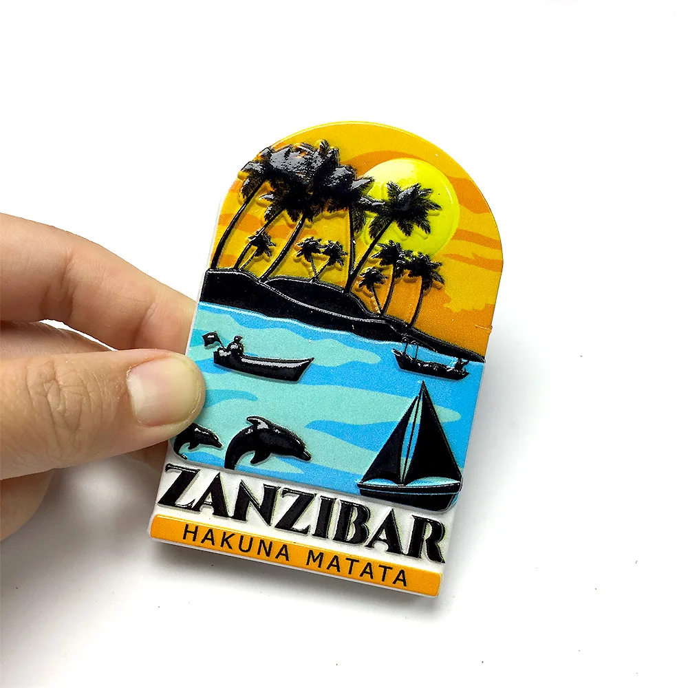 

‌Zanzibar Themed Resin Fridge Magnet - Tropical Sunset, Palm Trees, Dolphins - Hakuna Matata - Perfect Home Decor