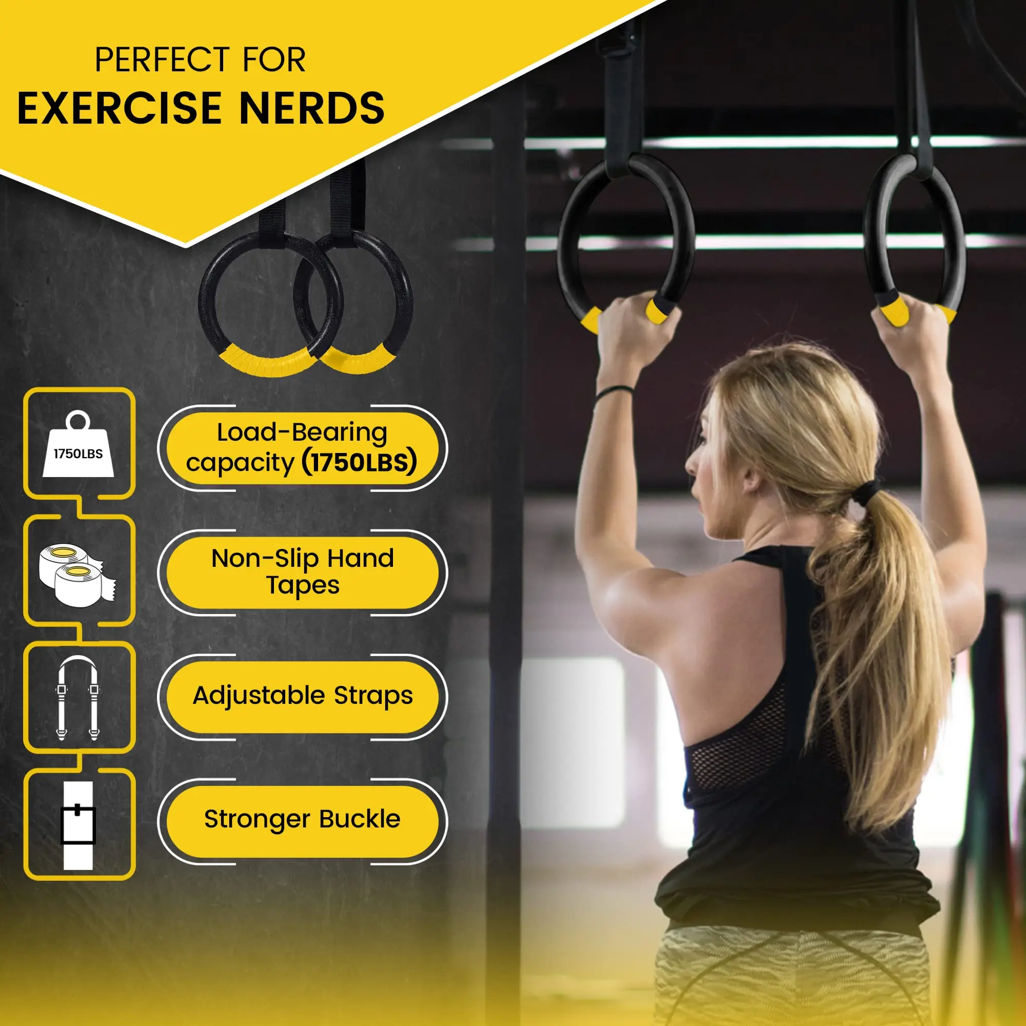 Gymnastic Rings 1000lbs Capacity 1/2M Adjustable Buckle Straps Pull Up Exercise Rings Non-Slip Rings for Home Fitness