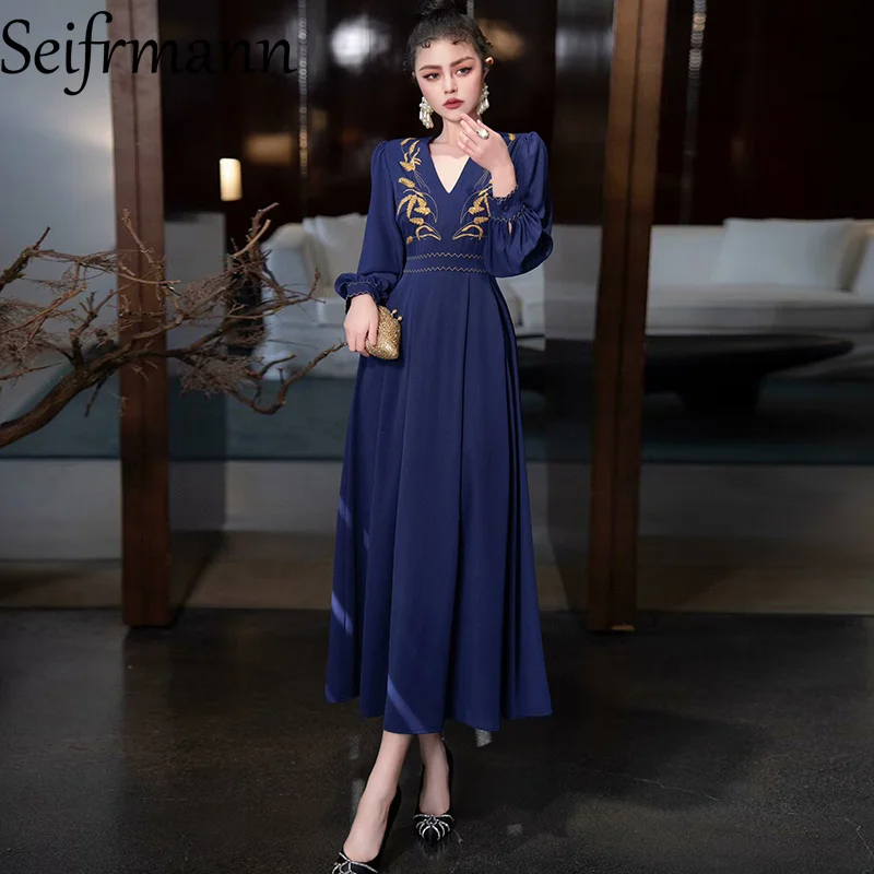 

Seifrmann Women's Elegant Embroidery High waist V-Neck Long Sleeve Long Dresses Fashion Big Swing Spring 2025 New