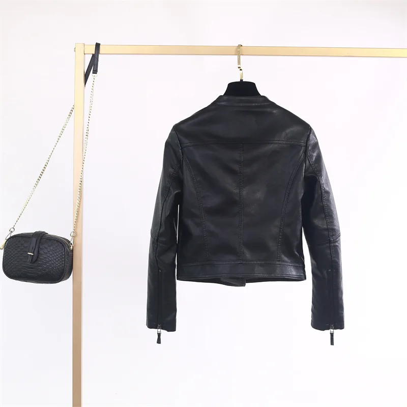 Purchase autumn leather clothes stand collar slim fitting motorcycle PU washed leather fashionable women's short top jacket