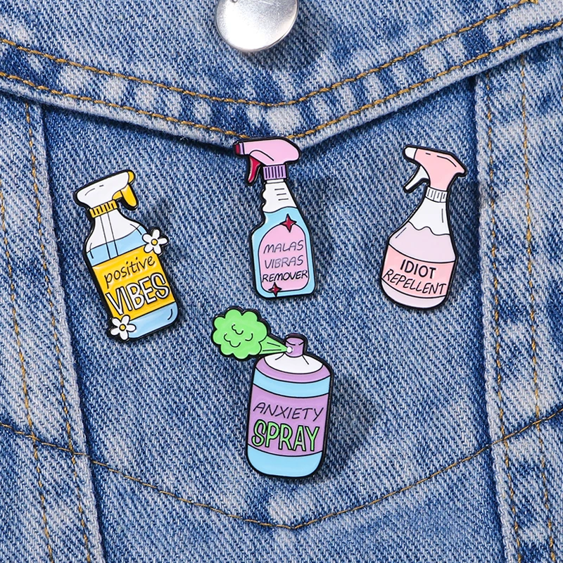 4Pcs/Set Pretty Colorful Spray Bottle Series Pins Positive Vibes Malas Vibras Remover Idiot Repellent Enamel Brooches