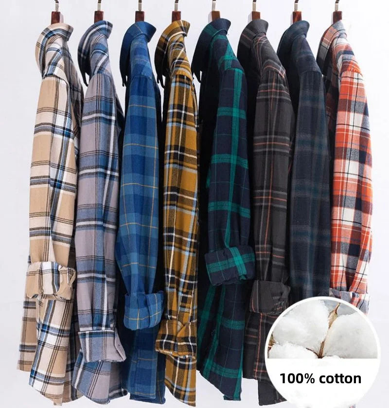 Plaid Shirts For Men Long Sleeve 100% Cotton Fashion Single Patch Pocket Design Young Casual Standard-Fit Thick Flannel Shirt