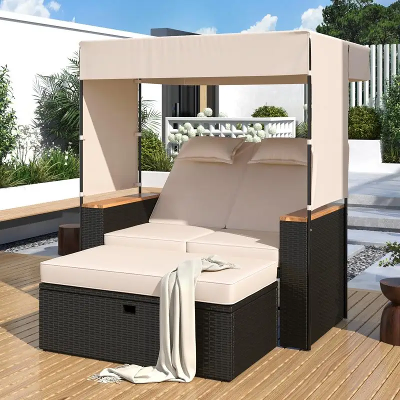 

2-Piece Outdoor Rattan Daybed, Adjustable 5-Position Lounge Sofa Set with Canopy, Cushions for Poolside, Backyard and Garden,