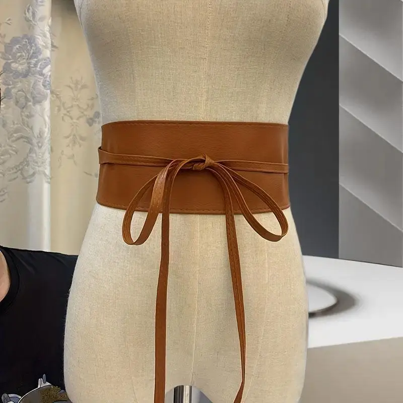 Boho เข็มขัดผู้หญิง Bowknot หนัง Faux รอบ Obi สไตล์ Cinch เข็มขัดสีดํา Cummerbund สีน้ําตาลผู้หญิงกว้าง