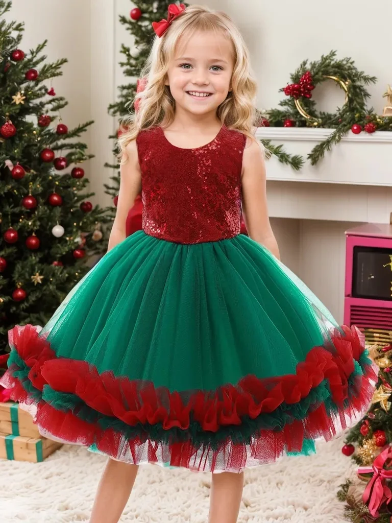 New Years Baby Girls\' Christmas Dress Elegant Sequins Big Bow Princess Party Wedding Dresses Lace Tutu Children Kids Clothing