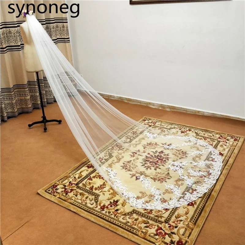 الحجاب المطرزة خصم أبيض كاتدرائية اكسسوارات الزفاف الحجاب الأبيض الدانتيل حافة الحجاب العاج زين صور حقيقية الحجاب الزفاف #4