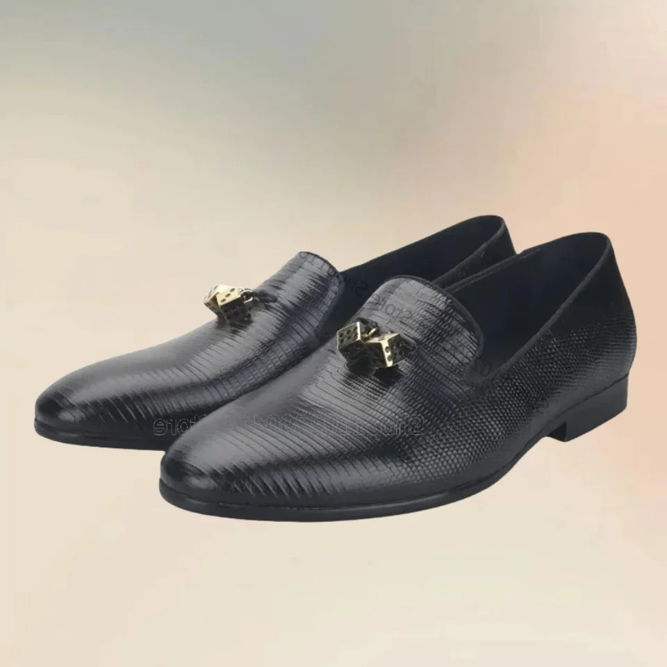 

Black Lizard Pattern Design Dice Decor Loafers Fashion Slip On Men Shoes Luxurious Handmade Party Banquet Office Men Dress Shoes