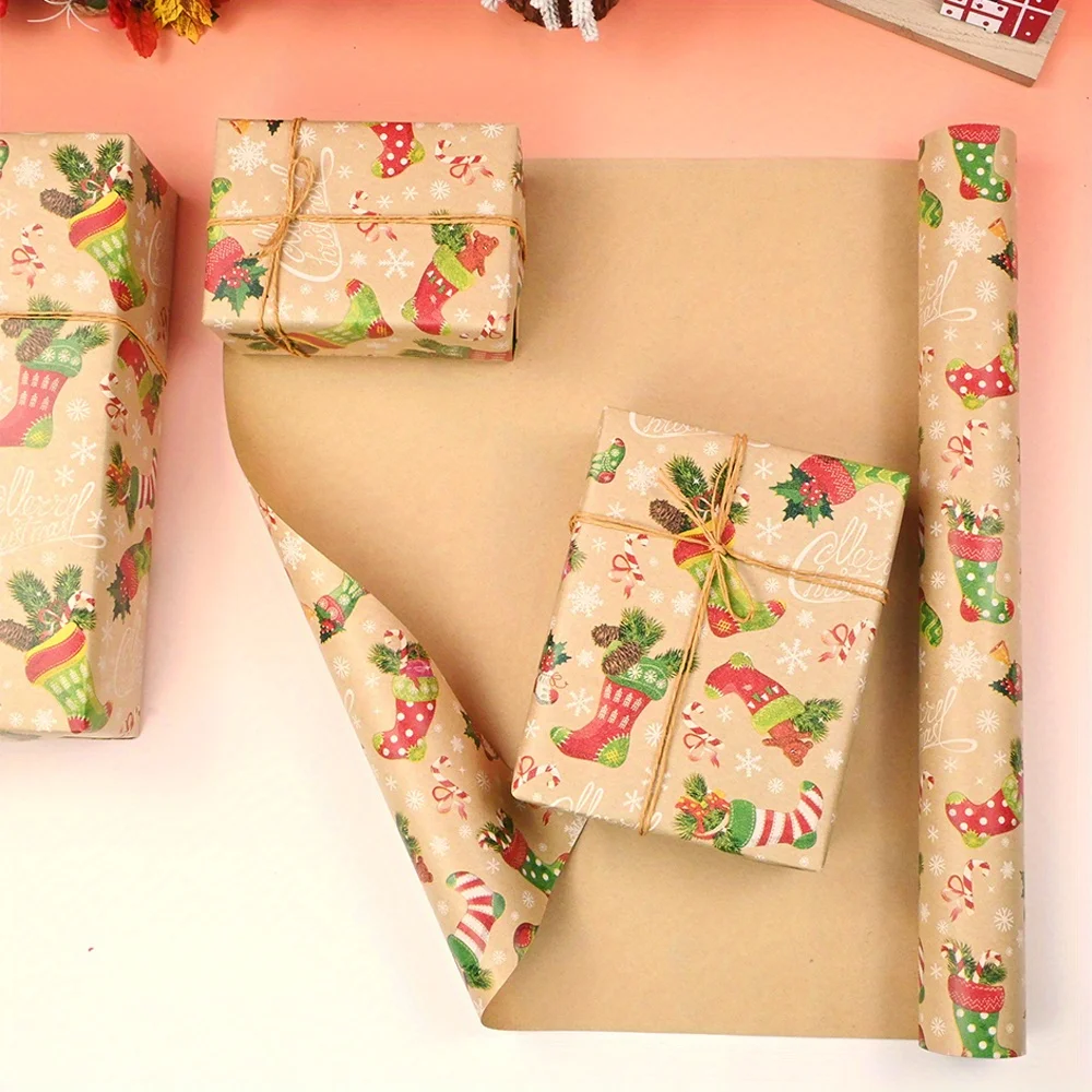 

1 рулон рождественской упаковочной бумаги Подарочная упаковочная бумага - 17 дюймов x 9,8 футов - крафт-бумага, скипетр и ботинки со снежным дизайном для Рождества, вечеринки