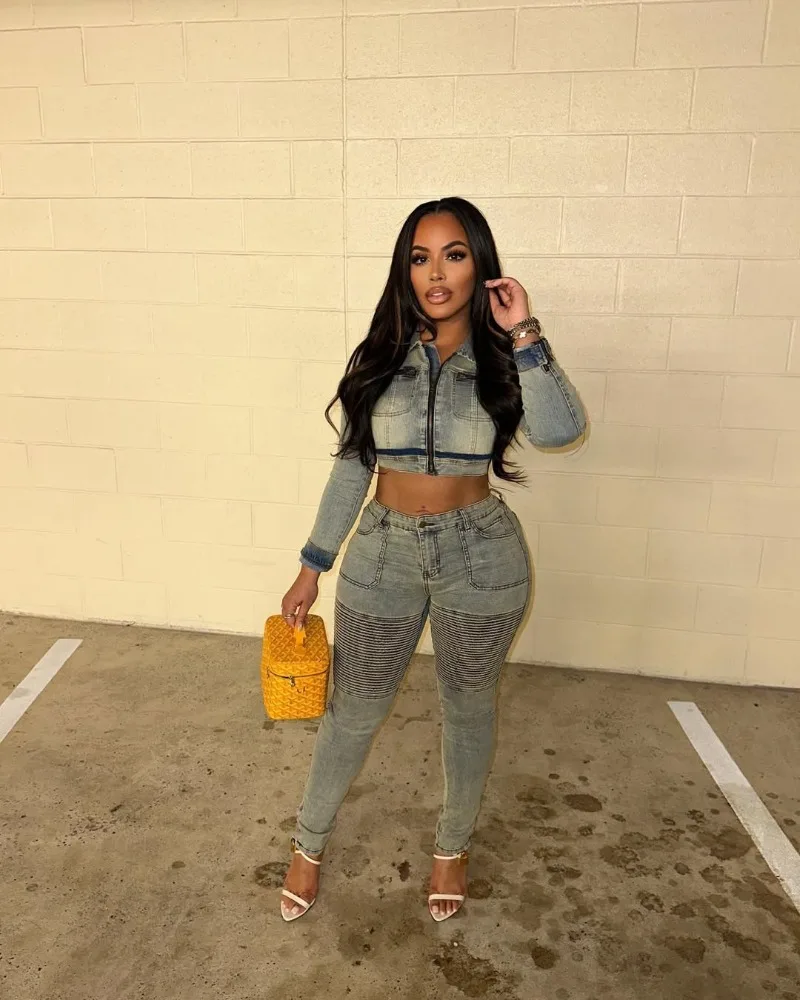 

KEXU Denim Women's Set Full Sleeve Zipper Shirt and Pencil Jeans Pants Suit 2025 Fall Party Street Two 2 Piece Set Outfit