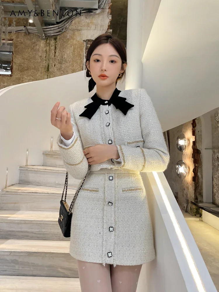 Socialite Temperament Tweed Skirt Sets Women Autumn Winter New High-end Woven Short Coat High Waist Mini Skirt Two-piece Set