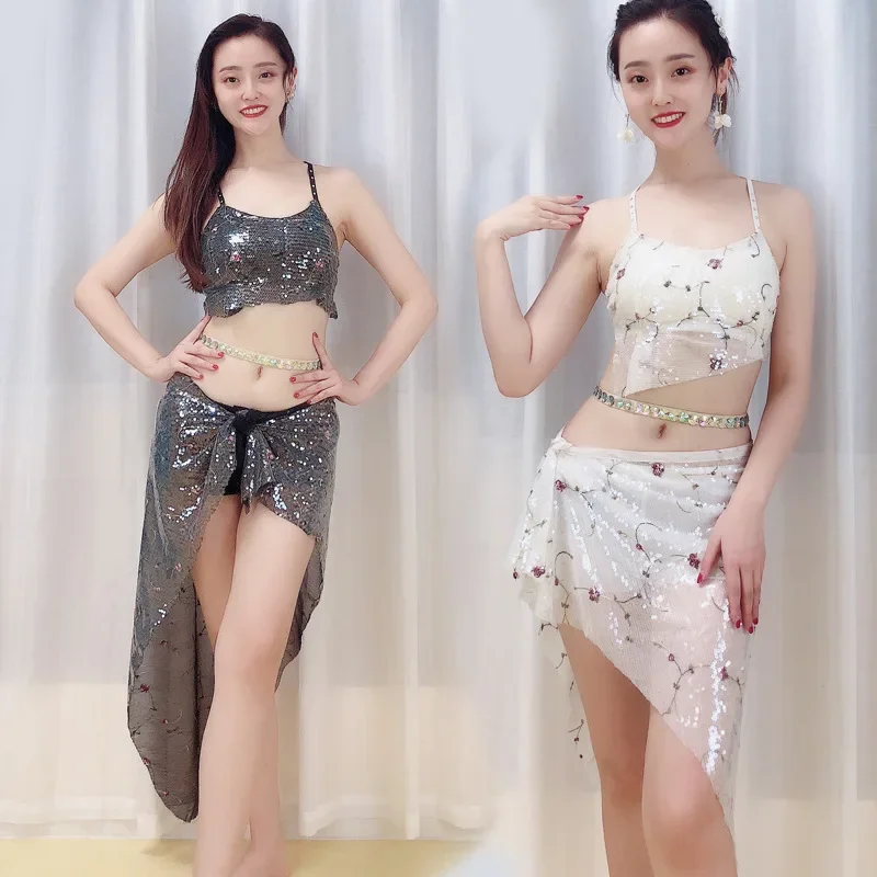 

Belly Dance Practice Set for Women Sleeveless Top+sexy Sequin Skirt 2pcs Girls' Oriental Dance Professional Training Clothes