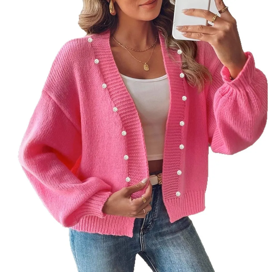 2025 European and American Cross border Knitted Cardigan Pink Women's Elegant Button Women's Coat