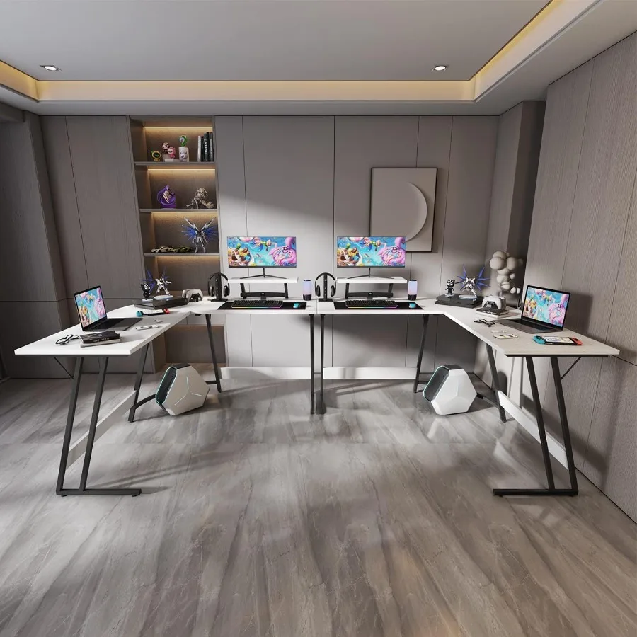مكتب ألعاب على شكل حرف L مع حامل شاشة كبير لإعداد ألعاب المكتب المنزلي والكمبيوتر الشخصي، مكتب كمبيوتر زاوية قوية مع سباسيو #4