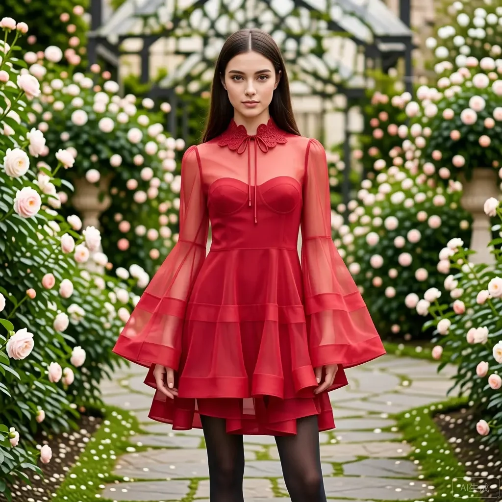 

Red Sheer Organza Party Dress with Bell Sleeves Lace Peter Pan Collar A-Line Mini Dress for Evening Halloween Christmas Pretty
