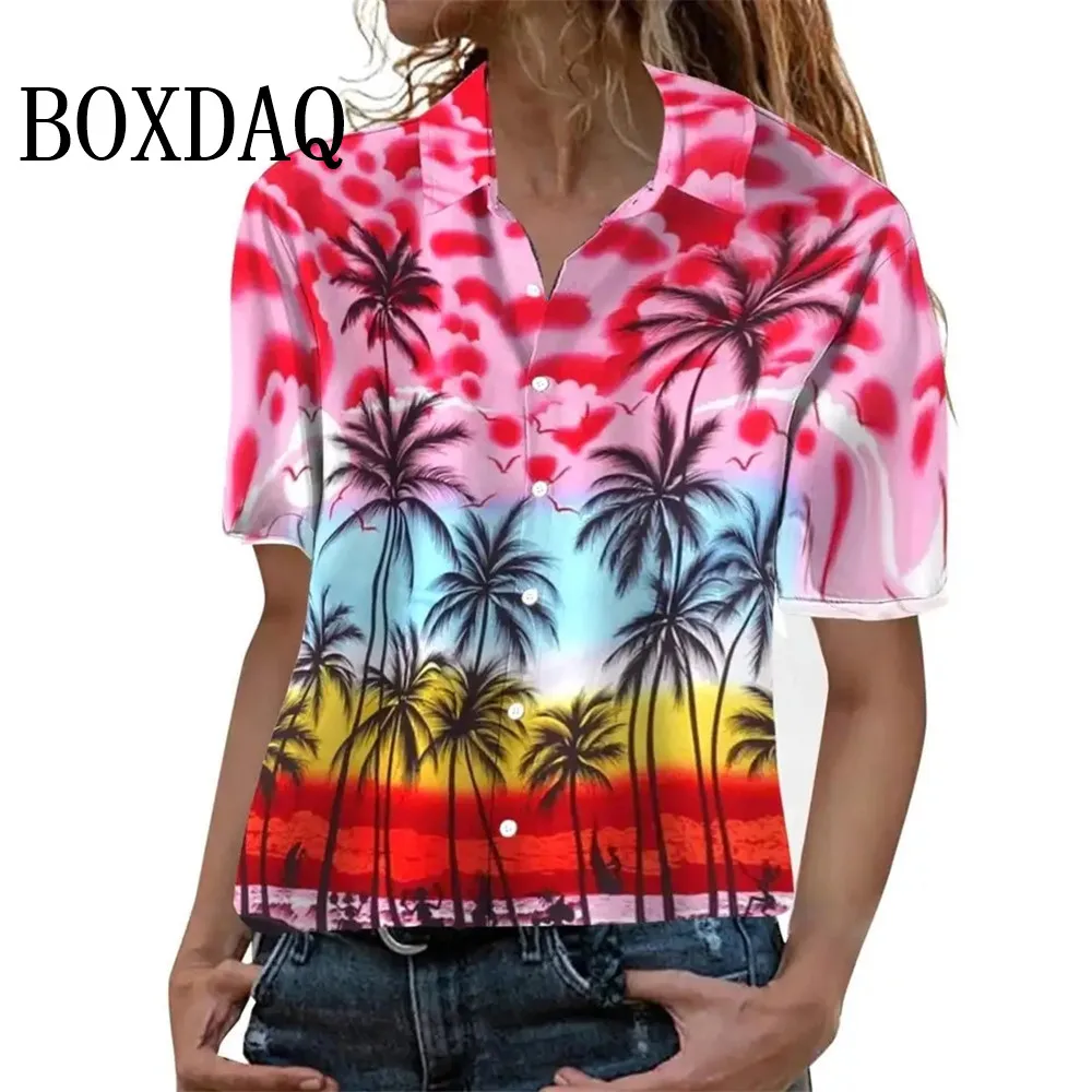 Moda verão blusa feminina artística havaiana palmeira impressão manga curta lapela casual botão camisa topos feminino camisa havaiana