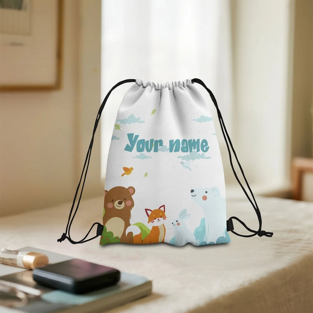 Custom Name Cute Forest Arctic Animals Drawstring Backpack Personalized Bear Fox Polar Bear Sackpack Kids Sports Drawstring Bag