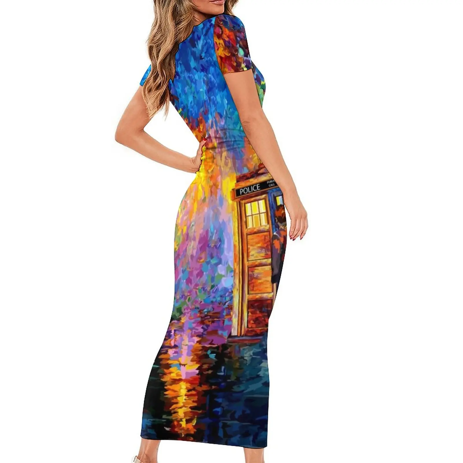 Van Gogh Dress Short Sleeve Mysterious Man Rainbow Place Night Club Maxi Dresses Summer Aesthetic Graphic Bodycon Dress Big Size