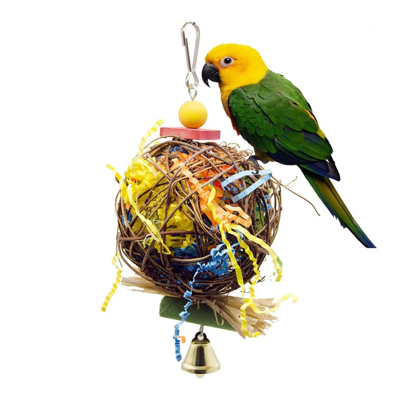 Parrot Bird Toy Natural Rattan Weaving Paper Brushed Chewing Toys For Small Parrot Bird Cage Hanging Ball Swing Toy Bird Supplie