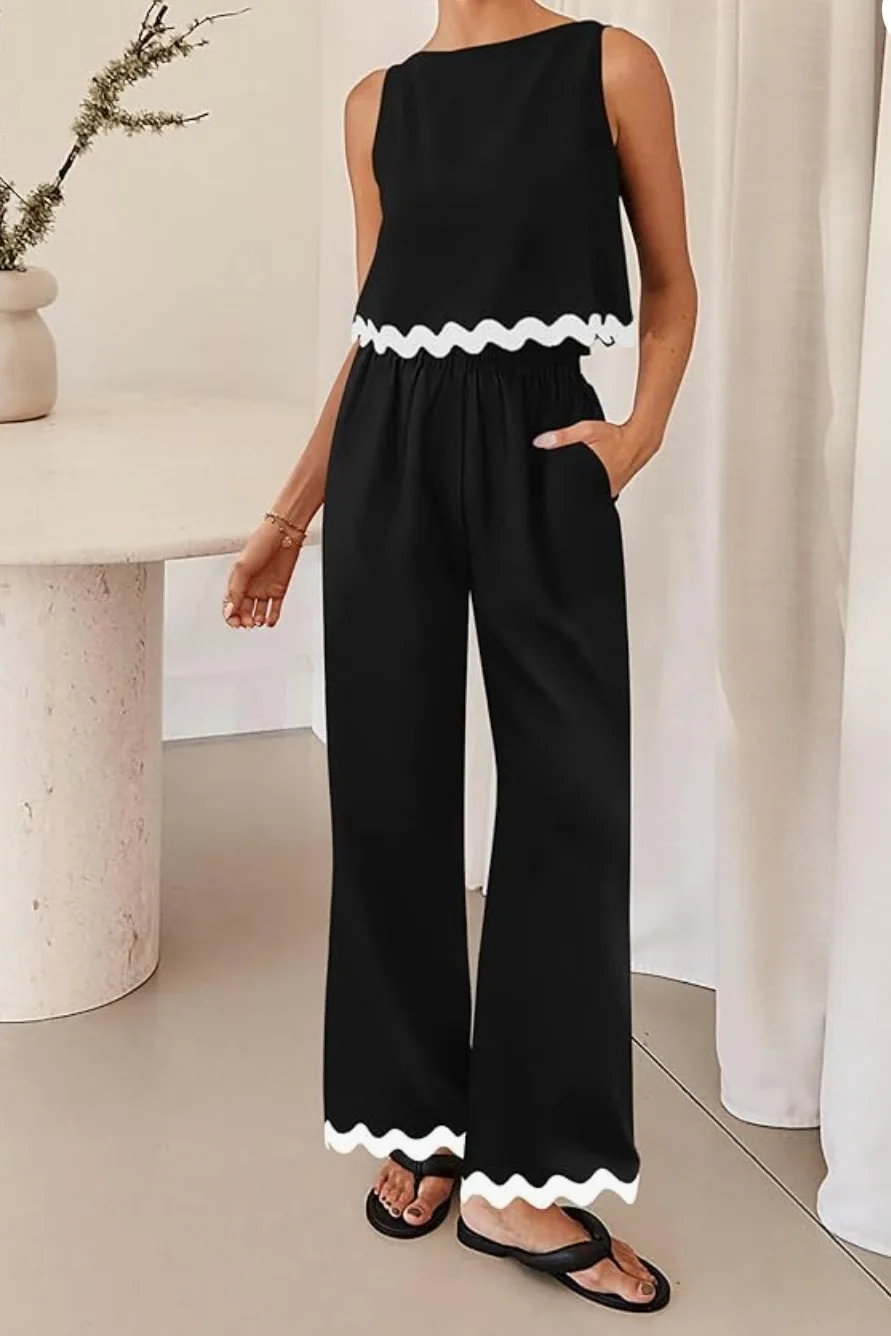 

Women's Spring/Summer Women's Casual 2-piece Set Sleeveless Fashion Casual Vest Short Top Loose Wide Legs Comfortable Pants