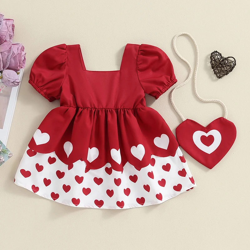 Toddler Baby Girl Valentine's Day Clothing Heart Print 3D Bow Dress + Heart Shape Crossbody Bag for Party Wedding Summer Set