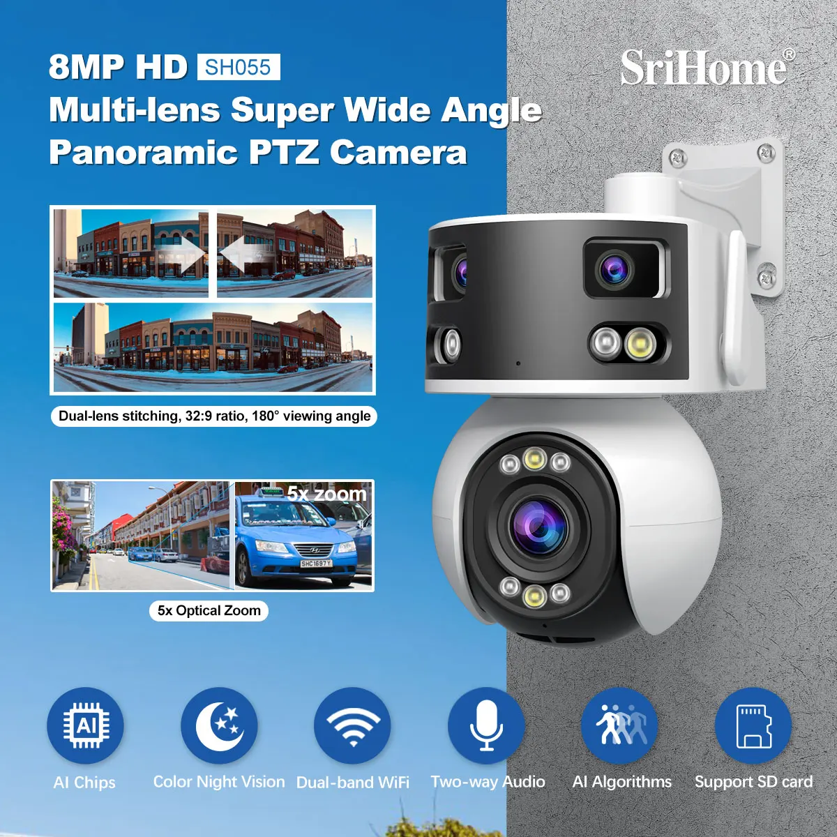 

Srihome SH055 8MP WIFI IP Camera 5X Zoom AI Humanoid Detection Three Lens Two Screen HD 330° PTZ Home Security CCTV Baby Monitor