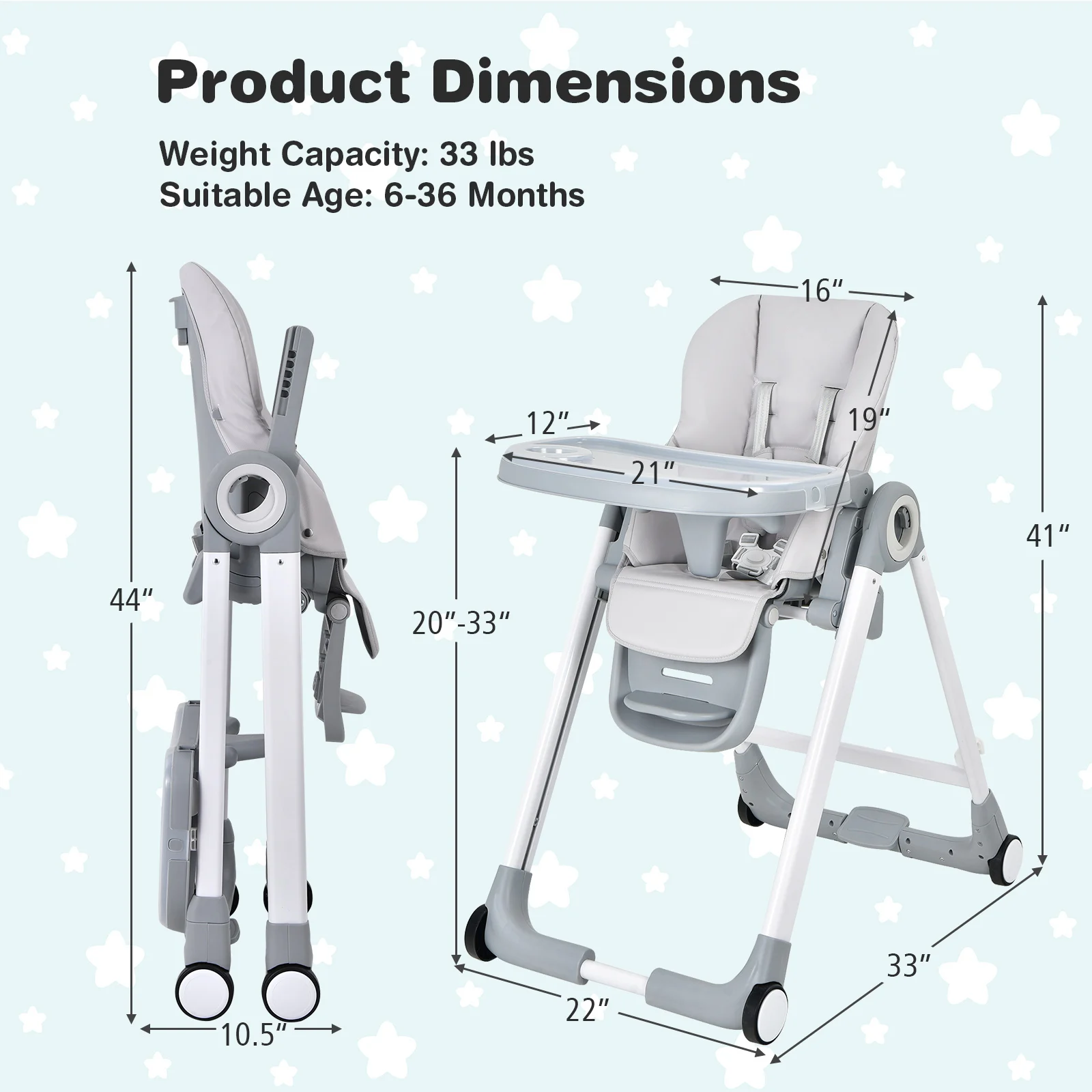 Baby Folding Convertible High Chair w/Wheel Tray Adjustable Height Recline Grey