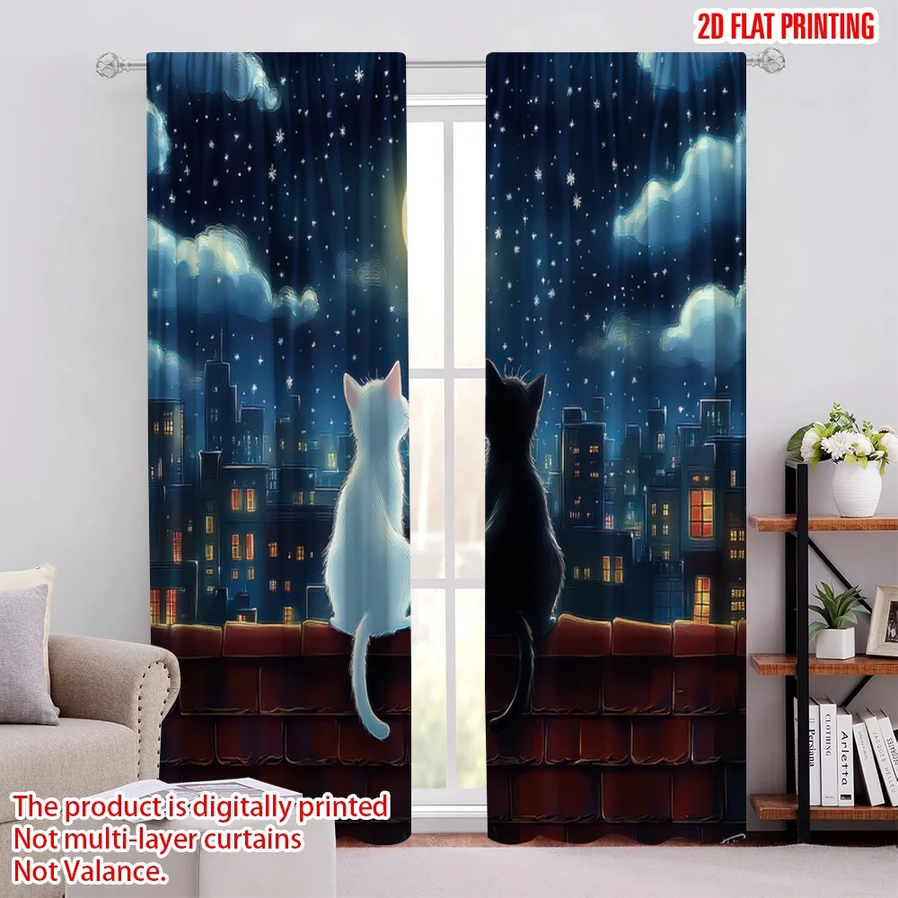 

2pcs Curtain Cat on the roof Blackout Polyester Birthday Party Perfect for bedroom and living room decoration