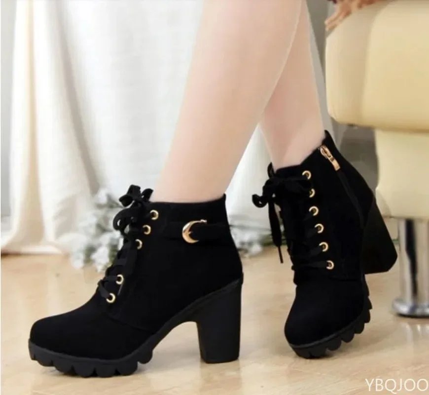 High-heeled Snow Boots Winter New Women Cross Lace Up Short  Thick-heeled Zipper   Plus Size Woman