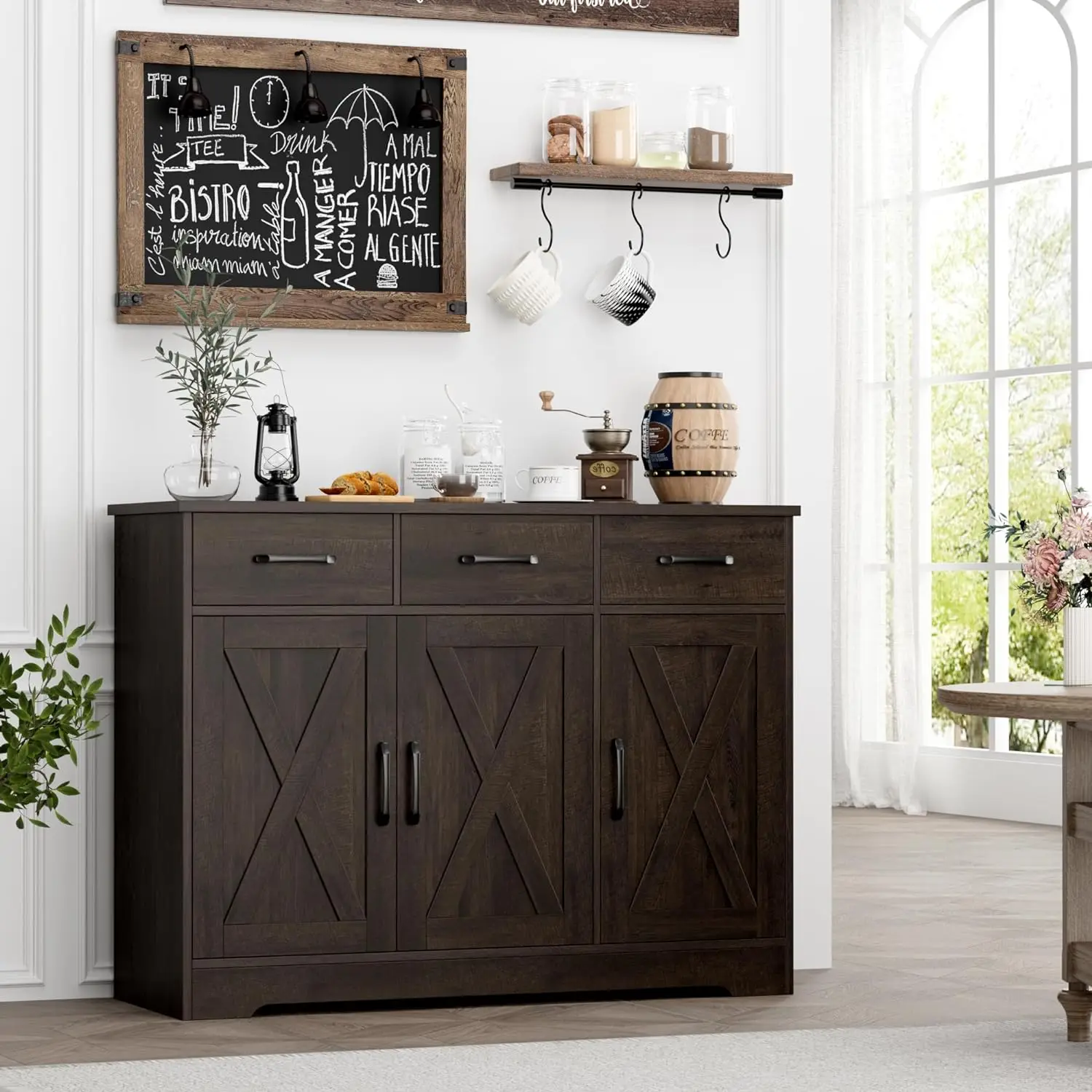 Armoire de Rangement à Portes de Grange avec Étagères, Buffet de Planche de Ferme Moderne, Armoire de Bar à Café en Bois