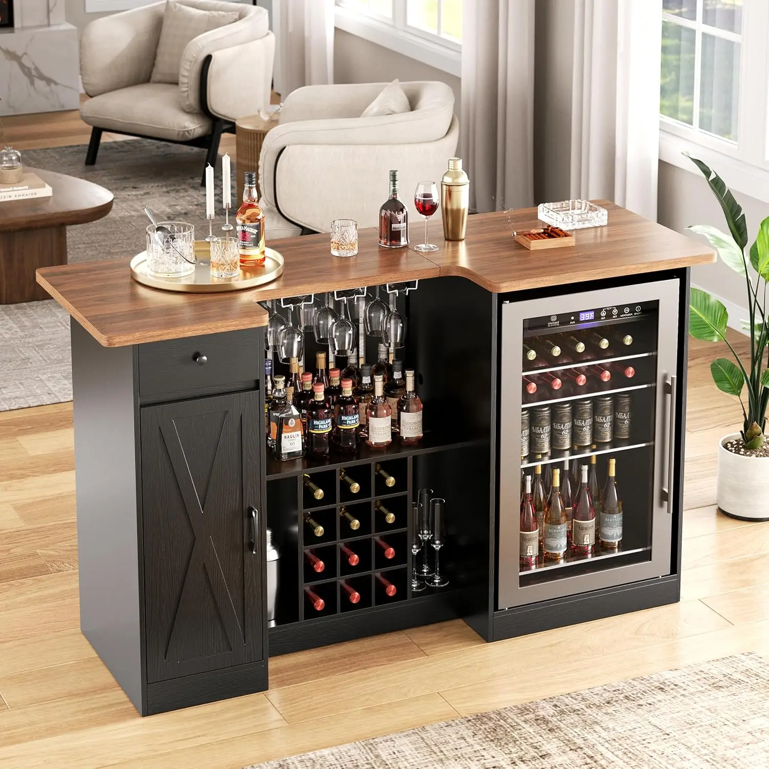 72" U-Shape Liquor Cabinet with Fridge Space, Wine Rack & Glass Holder Bar, Storage for Pub Basement Living Room, Customized image 2