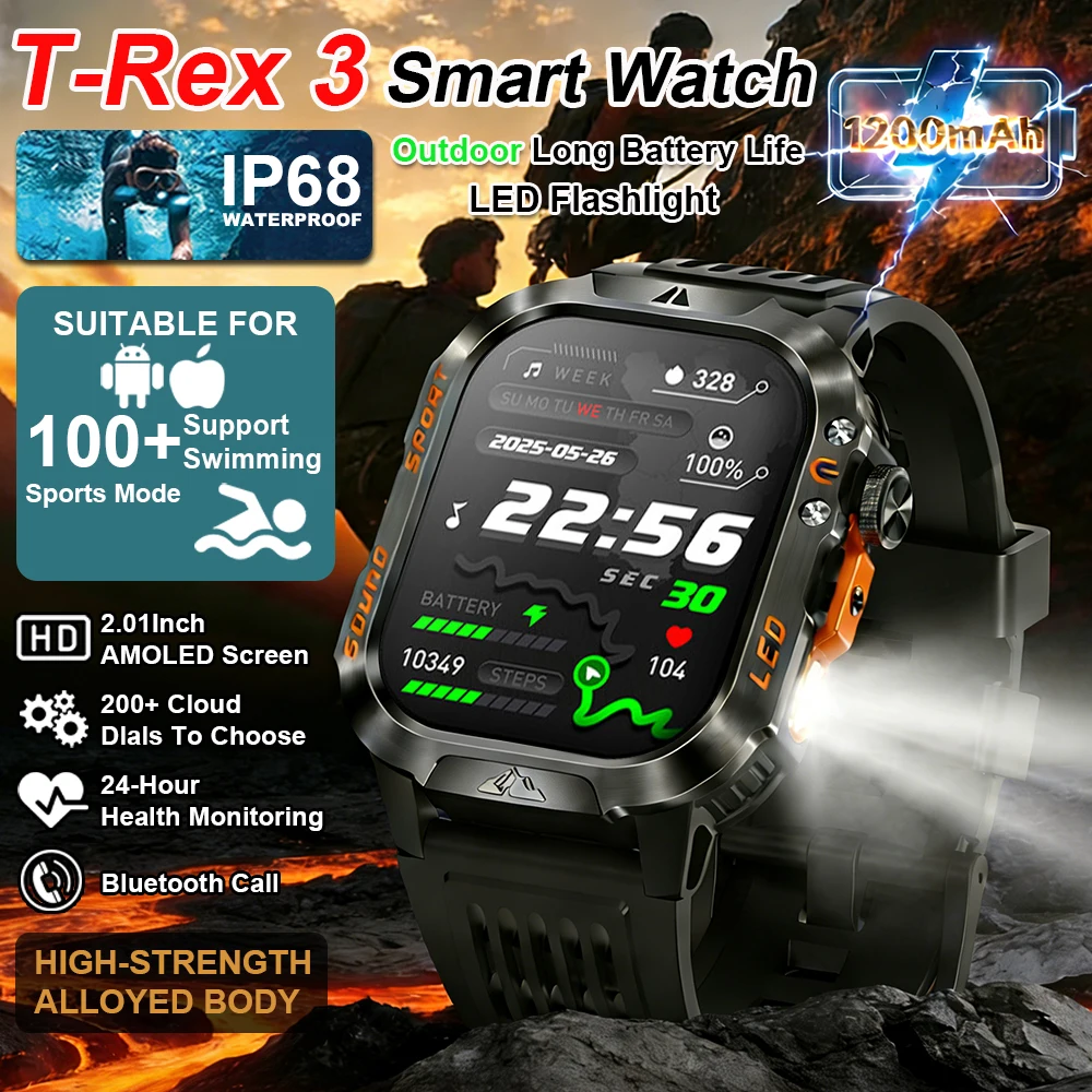 

2026 New T Rex 3 Men's Smart Watch 2.01inch HD Display Bluetooth Call LED Flashlight Multiple Sports Modes Waterproof Smartwatch