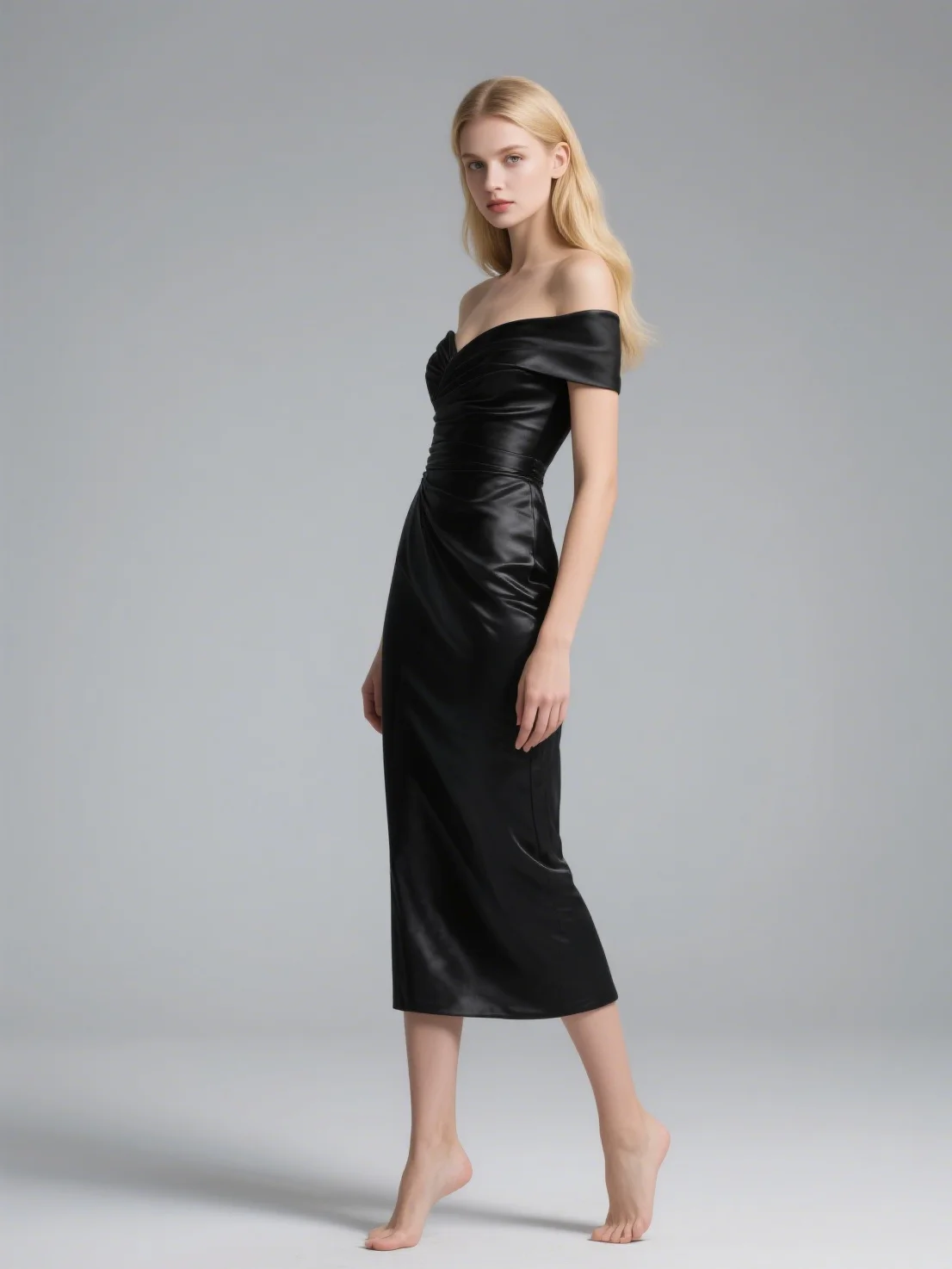 فستان سهرة أنيق غمد بدون أكتاف من الساتان بطول الشاي وكشكشة وأكمام قصيرة فستان زفاف الضيوف 2025 مخصص مجاني