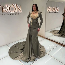 Luxury Mermaid Evening Dresses Long Sleeve Satin Pleated Shiny Beaded Princess Prom Gowns Fashion Celebrity Robe Customized