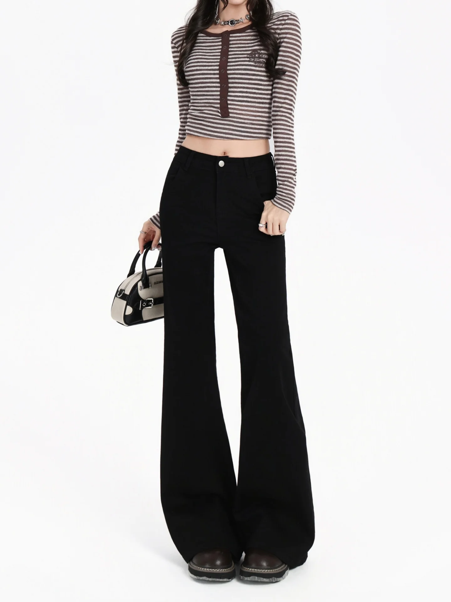 جينز Bla Fce مبطن بأرجل واسعة للنساء لخريف وشتاء مقاس كبير سروال مرن للتخسيس بخصر عالٍ من قماش الدنيم الأمريكي