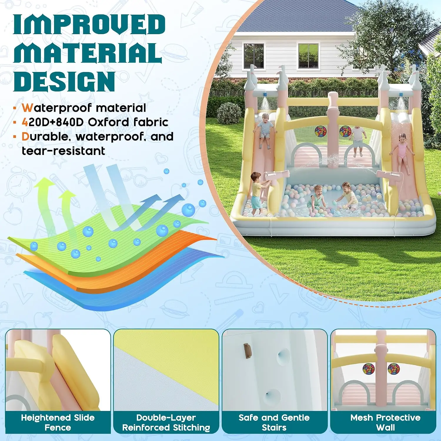 Inflatable Bounce House 177x163x94 Inch Outdoor Indoor Jumper with Water Slide Jumping Area Climbing Wall And Splash Pool view 5
