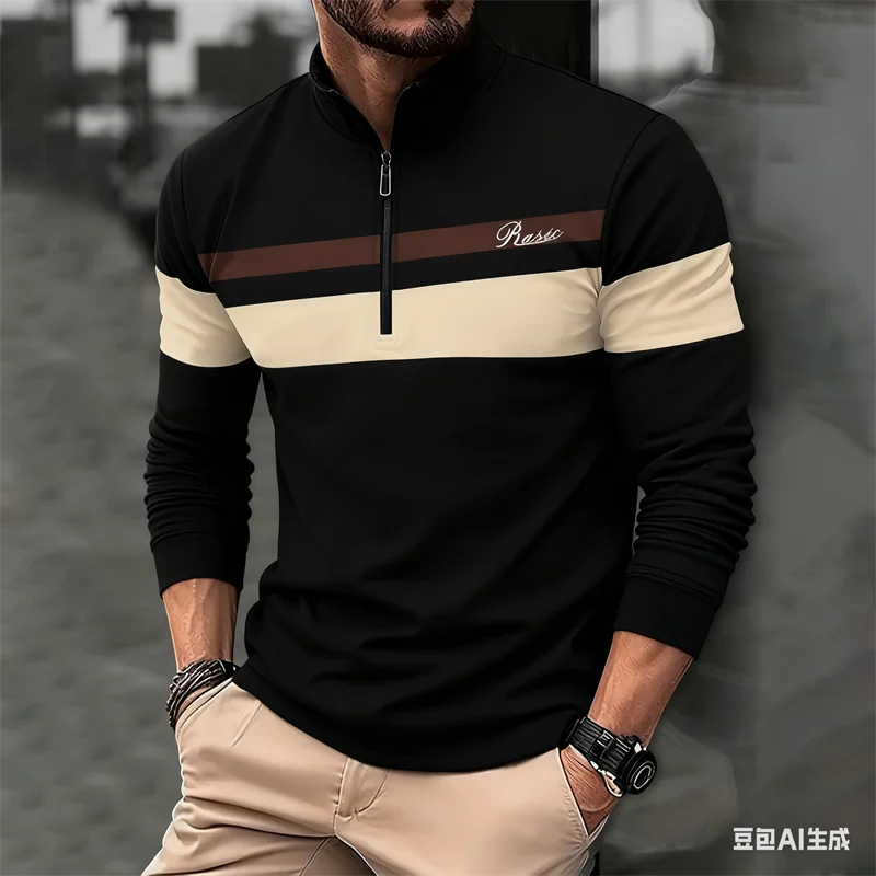 

Simple Striped Spring Autumn Men's Half-zip Stand Collar Shirt 3D Color Blocked Print Oversized Comfortable Men Long Sleeve Top