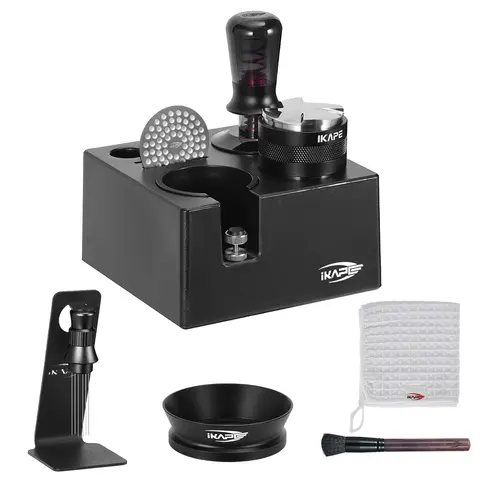 IKAPE 51/53/58MM Juego de herramientas para café expreso negro 8 en 1, manipulación de café, distribuidor, embudo magnético, pantalla de disco, estación de manipulación