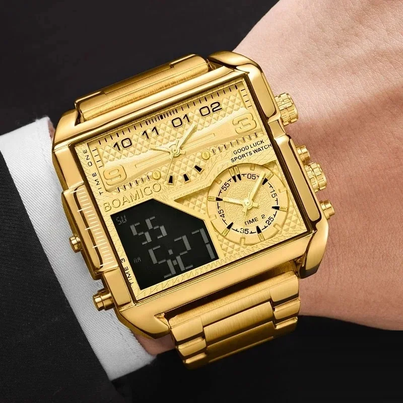 BOAMIGO Sport Square Digital Analog Big Quartz Watch New Top Brand Luxury Fashion Gold Stainless Steel Men Watches Male Clock