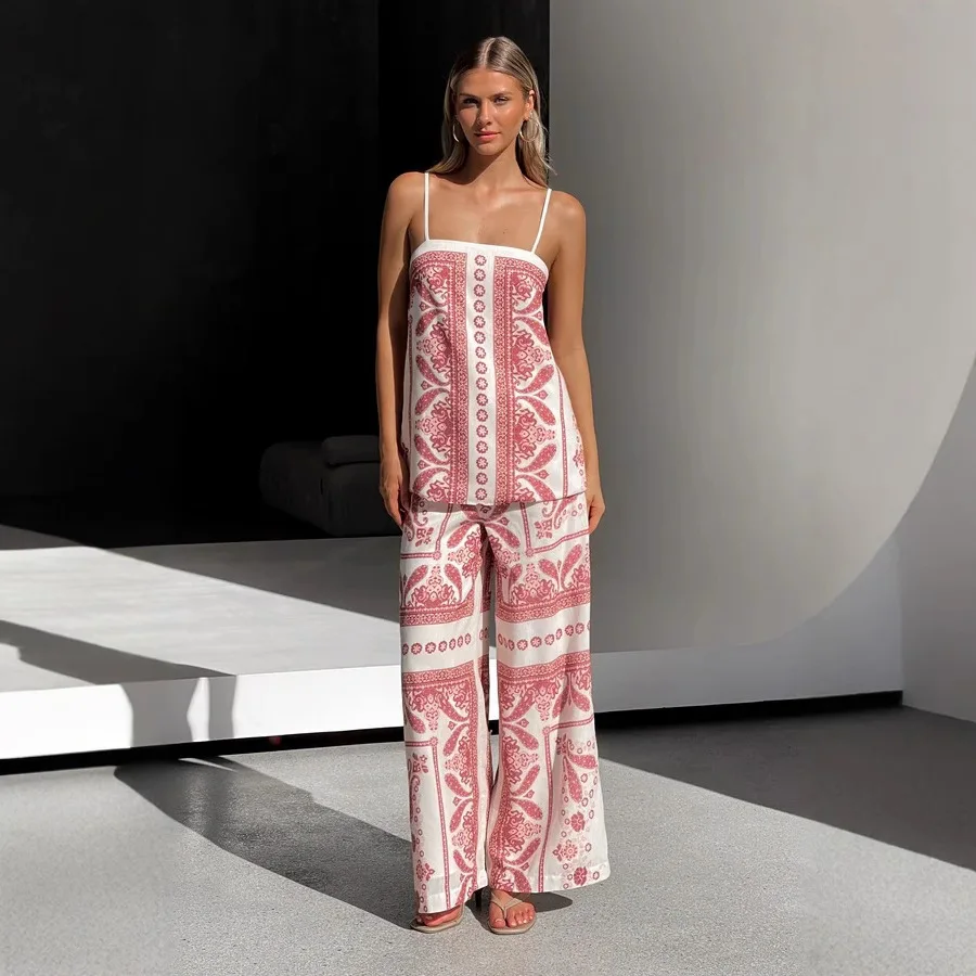 

Women's Print Pants Sets Fashion Vintage Print Loose Spaghetti Strap Top Wide Legs Trousers Two Piece Set Summer Commuting Suits