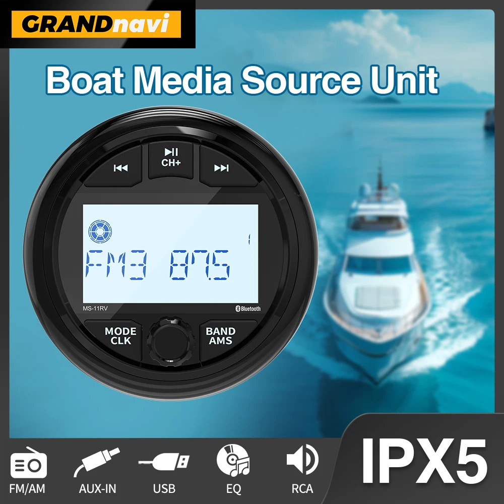 GRANDnavi Marine Stereo Boat Radio IPX5 Waterproof Bluetooth FM AM Digital Media Player For Yacht Gauge ATV UTV Cart Motorcycle