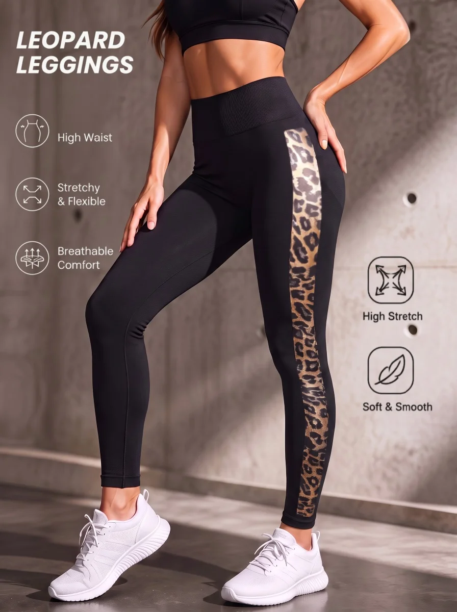 1er-Pack Yoga-Hose mit Leopardenmuster an der Seite, hoher Taille, dehnbar, atmungsaktiv, schmal geschnitten, Sport-Leggings für Workout, Laufen, Streetwear – Detail 2