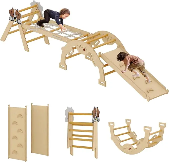 

4 in 1 Toddler Climbing Toys Indoor with Ramp, Arch and Ladder, Pikler Triangle Set with Wood Construction Montessori Climbing Set for 1-Kids