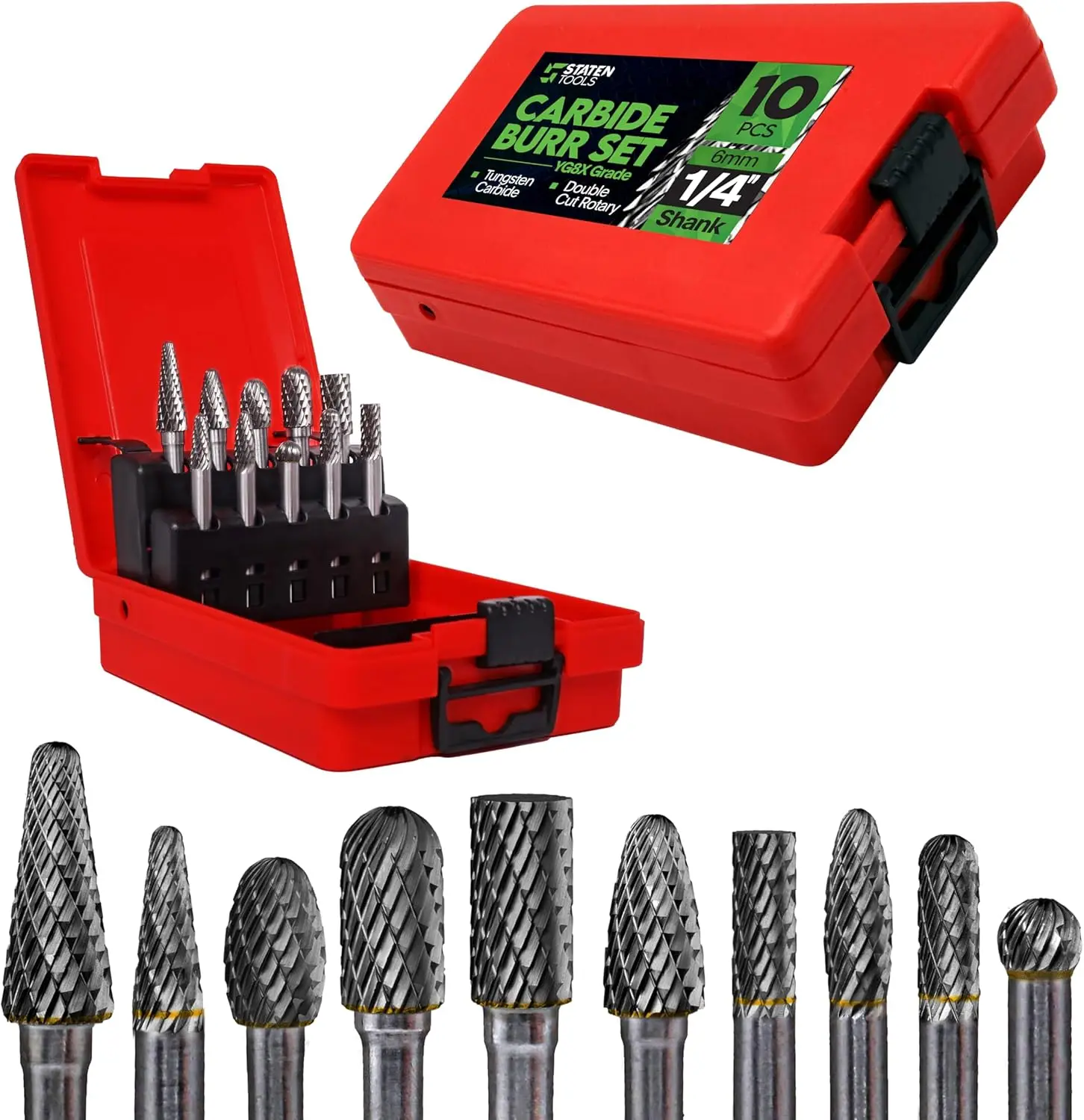

10-Piece Carbide Burr Set with 1/4" Shank for Milling, Carving, Engraving, Deburring on Wood and Metals