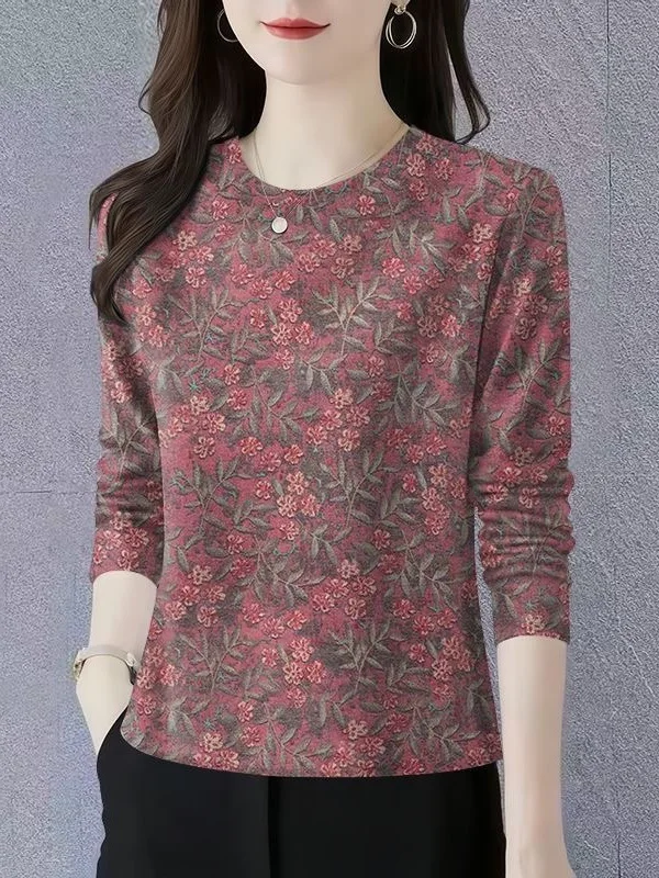 

Elegant round Neck Long Sleeve Printed Base Shirt Women's Fashionable Mommy Wear Belly Cover Trendy Top Casual Polyester Fiber