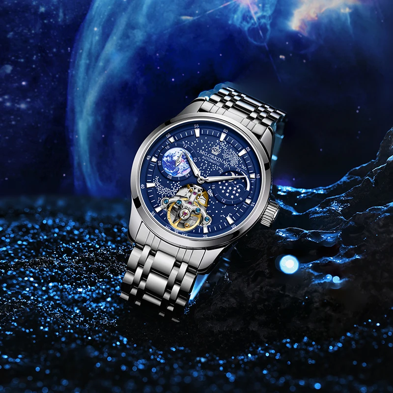 ORKINA Men Automatic Watch Skeleton Tourbillon Starry Dial Mechanical Self Winding Fashion Dress Moon Phase Waterproof Luminous