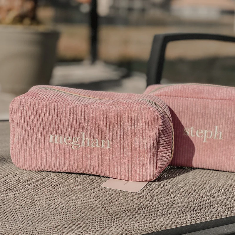 Personalized Embroidered Cosmetic Bag with Name Corduroy Makeup Bag Bridesmaid Proposal Gift Bachelorette Party Team Bride Favor