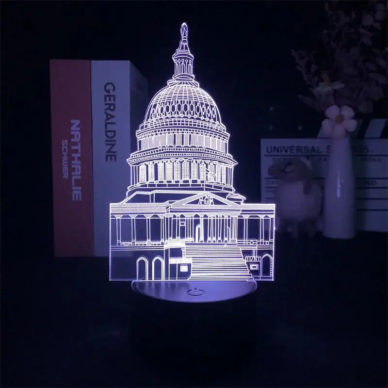 3D Night Light USA Famous Building Atmosphere Light Novelty Desktop Table Lamp Plug-in Touch 7 Colors Changeable Desk Light Gift